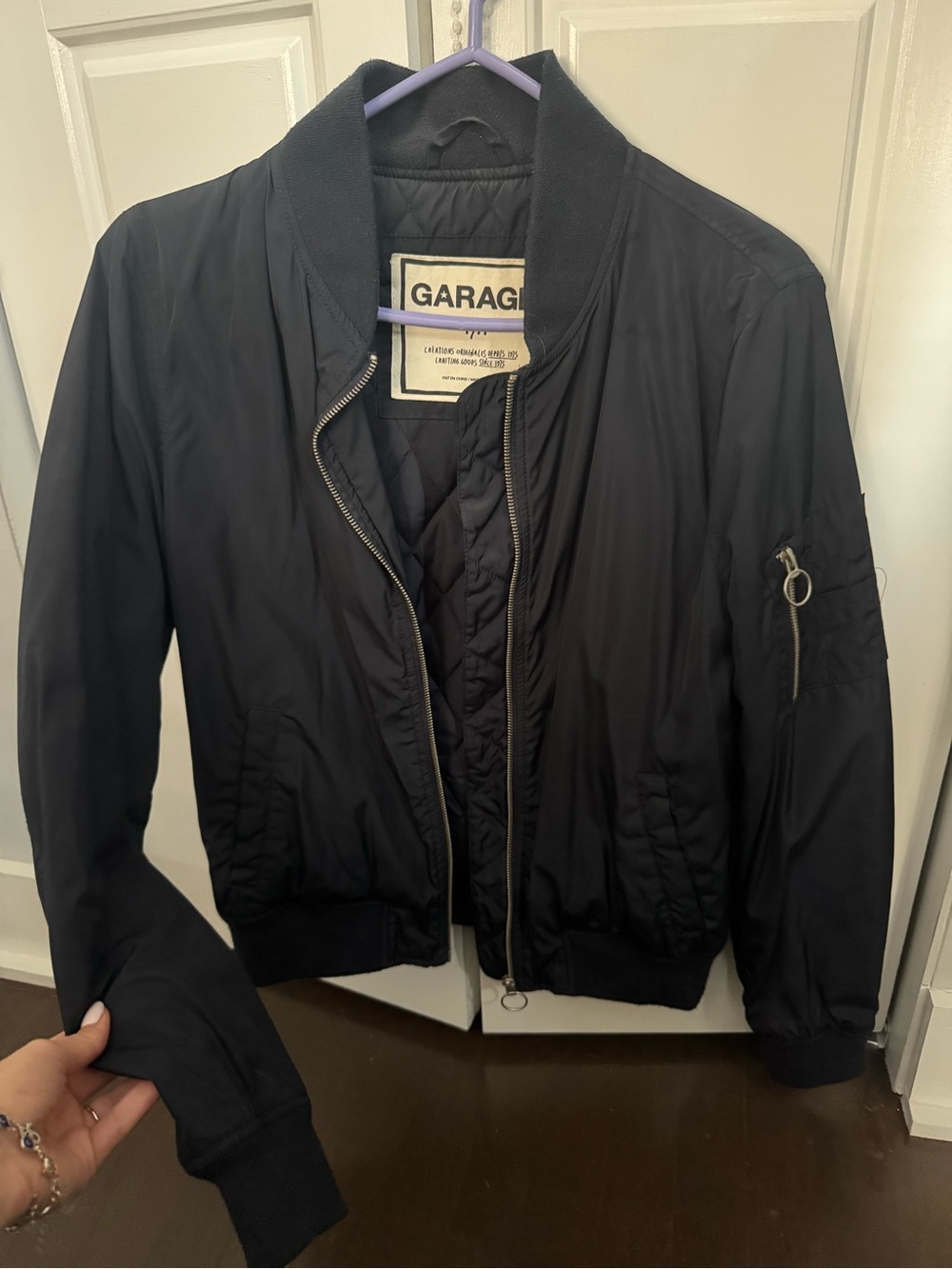 Garage Women's Dark Blue Bomber Jacket with Sleeve Zip Detail